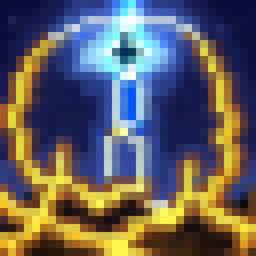 Electric blue lightning crackling through a stormy sky illuminating a jagged mountain peak with a lone figure atop, holding a glowing sword, in 32x32 pixel art style.