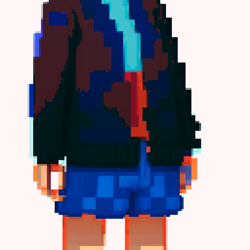 Side profile of a whimsical, blue-haired character with vibrant, pixelated features, set against a backdrop of a retro, sRGB color palette