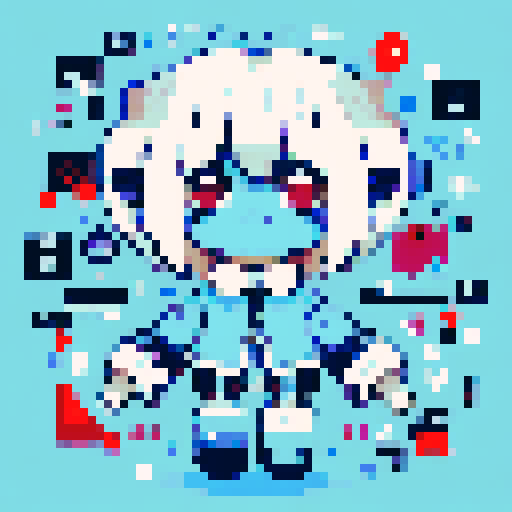 Cute androgyne humanoid robot, anime style, pixel art, character portrait, close up, big bright eyes, rosy cheeks, shiny metallic hair, delicate circuitry patterns on the skin, glowing neon lights, expressive eyebrows, small button-like nose, and a gentle smile