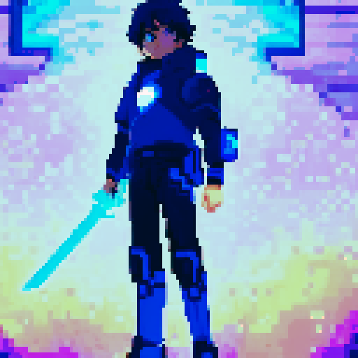 young hero with blue glowing cyber sword shonen with dark hair, astralite, anime game pixel art, A vibrant and colorful RPG-style scene with Super Nintendo graphics, featuring a 16-bit color palette and a resolution of 256x224 pixels, very detailed face, clear anime shonen style