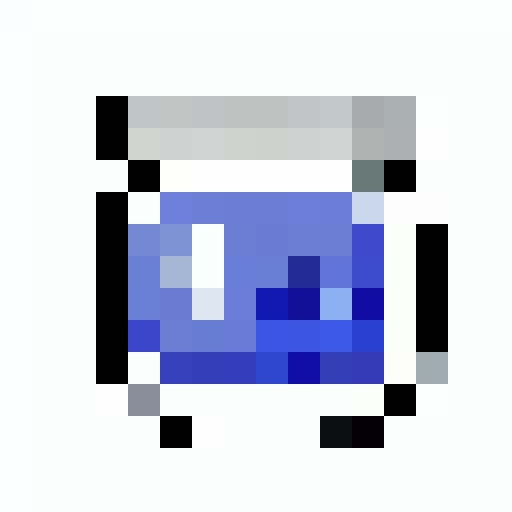 "Create a whimsical close-up portrait of a charming, smiling magic blueberry jam jar character with one big white left eye, a sliver lid, and shiny glass jar - rendered in a playful pixel art style with a vibrant, crisp, simple color palette and clean vector shading that would make for a perfect game icon."
