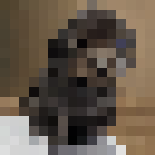 chocolate American Cocker Spaniel sitting, playful expression, docked tail, shiny fur, expressive eyes, wagging tail, slightly lifted ears, game icon, 16x16, pixel art, close up, portrait