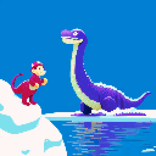 Large purple smiling loch ness dinosaur, frozen lake, winter, monkey on top