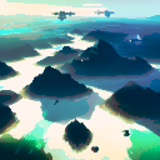 Area 18 in Star Citizen with ships taking off in the background, the open sky and space on the horizon, scenic