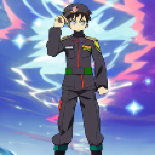 "Fierce anime pilots, a commanding officer with a stern expression amidst a starry galactic background."