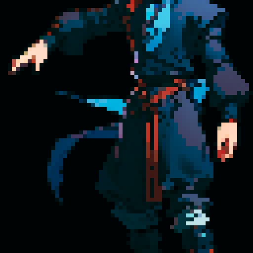 Xenogears-inspired male character, pixel art sprite, black clothing, neutral pose, neutral facial expression, sRGB palette