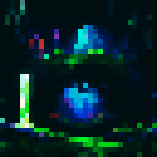 dark, towering rock formations; intricate, alien machinery; glowing, vibrant crystals; deep, mysterious tunnels; pixelated surrealism; sRGB color palette; immersive, atmospheric landscape