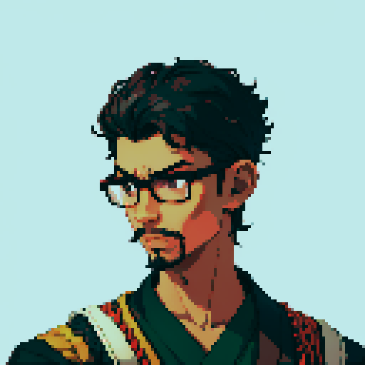 Southeast Asian man, short curly hair, round glasses, tanned, goatee, diamond shaped face, black eyes, age 25, wearing a robe