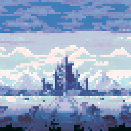 Silhouette of a vigilant figure, frozen wildlife, ringed city in the distance, sRGB pixel art, icy background, teeming landscape