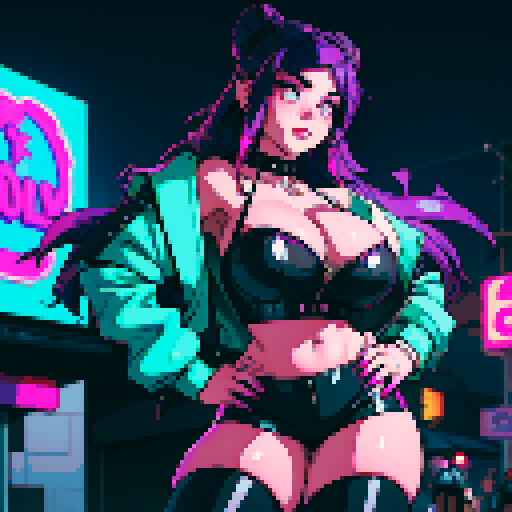 Thicc, curvy, busty goth babe with studded collar, long purple hair in buns, fishnet stockings, studded halter top, posing in neon bar for photo. neon signage, sRGB