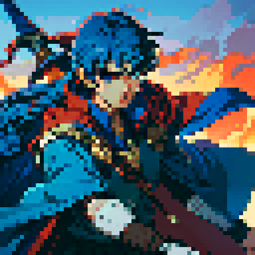 Fire Emblem Ike, determined, warrior, blue hair, cape flowing, sword in hand, commanding army below, pixel art, sRGB