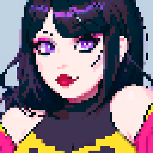 curvy, cute goth girl face, black hair, purple eyeshadow, red lipstick, face portrait, glamour shot, vibrant sRGB colors, pixel art