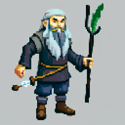 old raven-like druid with grey beard, with staff in hand