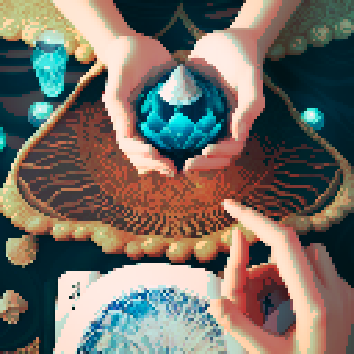 A close-up of a woman's hands over a table during a tarot card reading in a medieval dark style. The table is adorned with elements of the ocean such as sea shells, sand, and small pieces of coral. The atmosphere is mystical and dimly lit, with candlelight casting shadows that enhance the eerie and magical mood. The woman's hands are gracefully poised over the cards, which also have oceanic designs like waves and mermaids.