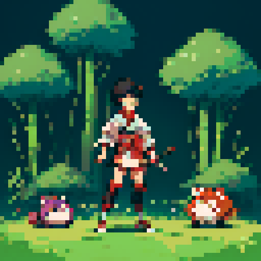 Create a 64x64 pixel sprite of Samurai Benjie, a teenage red panda with a kind and extroverted personality. He wears traditional samurai armor adapted for a red panda—lightweight with bamboo elements and decorative accents. Benjie stands in a relaxed pose, holding his slingshot at his side. His expression is friendly and determined. The style is colorful, whimsical, and enchanting, inspired by Miyazaki films like My Neighbor Totoro or Princess Mononoke.