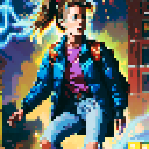 8-bit style portrait with vibrant, retro colors, showcasing a pixelated character in a dynamic pose against a black background, reminiscent of classic video games