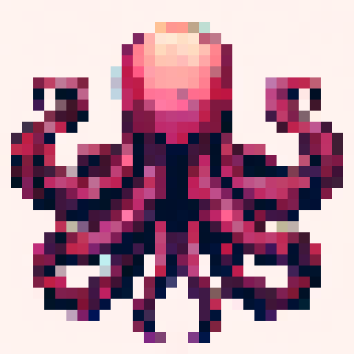 "Pixel art of a kraken with a retro, arcade-style aesthetic. The tentacles are symmetrical or wavy, with a blocky 8-bit style. Include a minimal background, such as plain white. The design evokes the feel of classic Space Invaders or retro video game creatures."