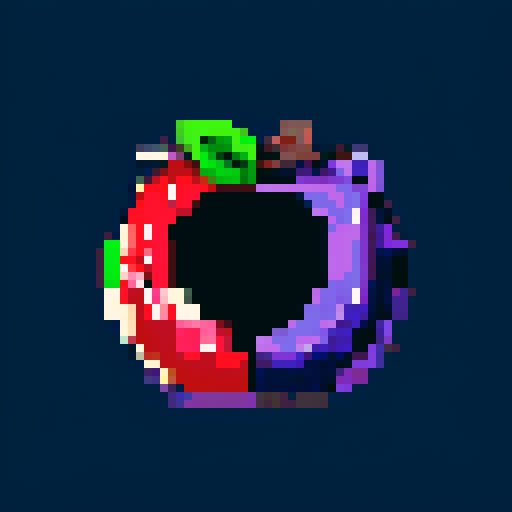 blueberry art frame, purple, pixelated fruits in vibrant colors, void inside, dark background, sRGB
