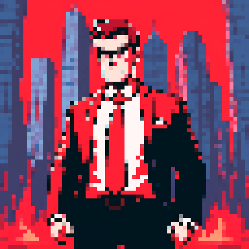 Portrait of an angry business CEO, pixel art, sRGB, sharp suit, furrowed brows, clenched fists, red tie, towering office building, city skyline, intense expression, fiery red background