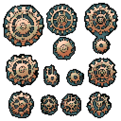I want a copper gear that looks like it was made by a master clockmaker. It should have strange mechanical details that could interlock with each other. I also want this object usable an asset in a videogame, meaning only one object per image, outlined with a strong black stroke, on a solid-color background.