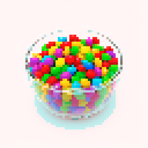 rainbow candy mix in different shapes in a glass bowl, white background

