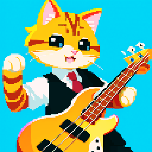 cat playing bass, meme style, pixel art, sRGB