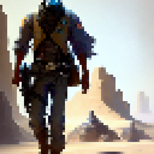 "Sci-fi blaster-wielding marshal from the Old West, standing tall with a moody and muted color palette, sporting a stylized top-down fantasy RPG character sprite, and a transparent background."