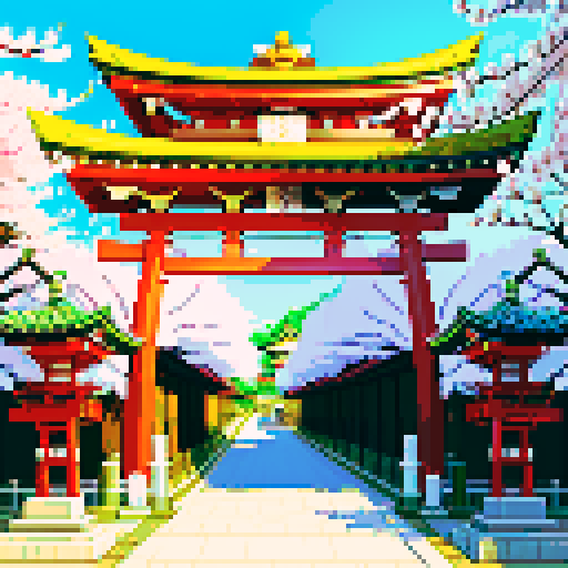 shiny silver shinto shrine, vibrant cherry blossom trees, traditional architecture with intricate details, shinto torii gate adorned with shiny silver decorations, a pixel art shiny silver chest in background, shiny silver lanterns illuminating the scene in sRGB colors, no gold colors, silver decorations only