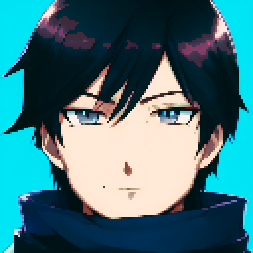 handsome guy, anime, smiling, closed mouth, brown eyes, black hair, blue scarf