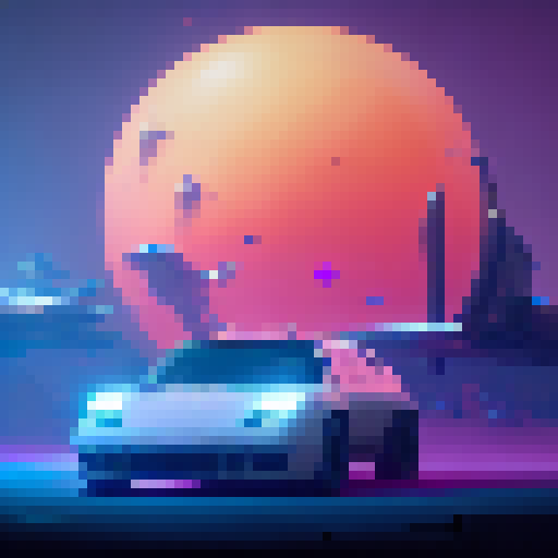 "Create a vibrant, retro-inspired pixel art car design with a sleek, aerodynamic body, bold racing stripes, and glowing neon accents against a futuristic, neon-lit cityscape backdrop."