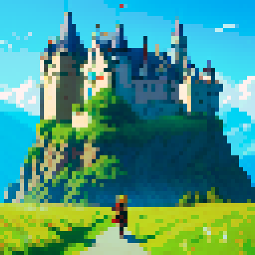 Anime warrior on an adventure with a castle in the backgroun. 