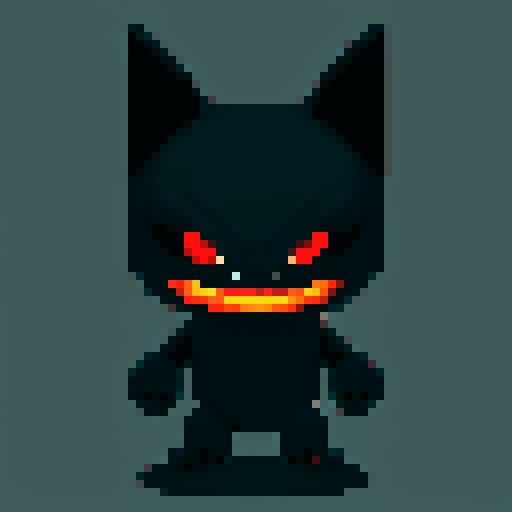 villainous animal, sharp claws, glowing red eyes, menacing grin, sleek fur, pixel art, black, white, gray, sRGB