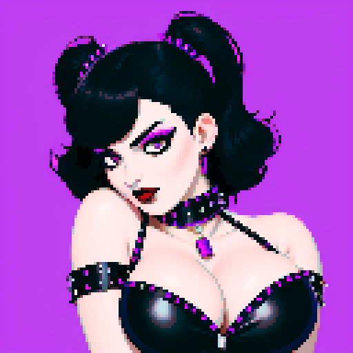 Alluring, curvy, cute busty greaser goth woman's face, whole head portrait, black hair, purple eyeshadow, red lipstick, low cut black studded leather halter top, studded collar, vibrant sRGB colors, edgy aesthetic, pixel art.