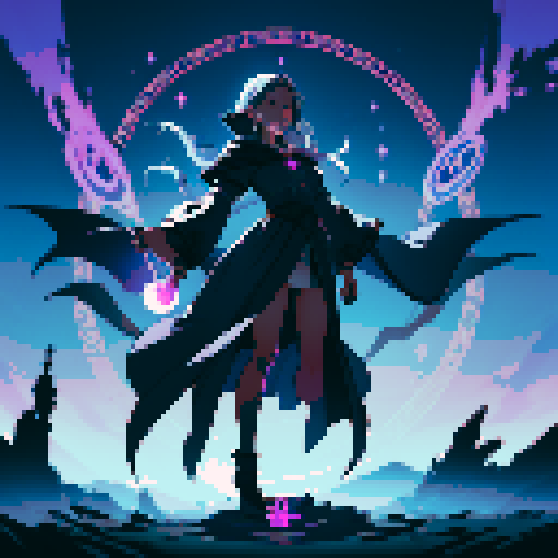 full-body image, sorceress facing right, sorceress ready to fight, evil sorceress, floating, arms out, magic circles, magic power, spell, evil sorceress, evil witch, magic symbols, ultimecia, final fantasy, sRGB, pixel art, evil outfit