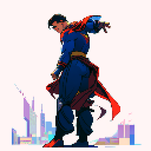 pixelated Superman flying through a vibrant, retro cityscape with bold, primary colors and clean, sharp lines