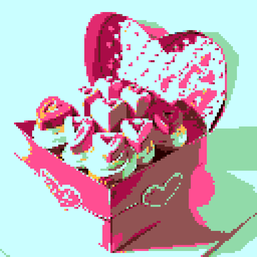 Box of Valentine's Day chocolates, specifically shaped like cupcakes with intricate details such as pink frosting and decorative toppings. Charming and romantic theme. The cupcakes within the box should exhibit a variety of delightful designs, no background, pixel art.