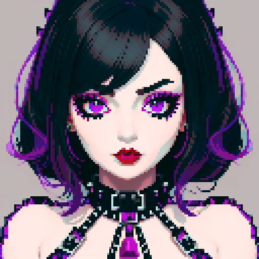 curvy, cute busty goth girl's face, whole head portrait, black hair, purple eyeshadow, red lipstick, low cut black studded leather halter top, studded collar, vibrant sRGB colors, edgy aesthetic. 