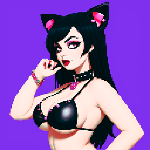Cat girl, curvy, cute goth woman with black hair, purple eyeshadow, and red lipstick, wearing a bikini, studded collar, portrait, face avatar, in a glamour shot, sRGB color