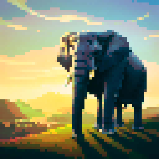 elephant, majestic, towering, against a backdrop of rolling hills, bathed in the warm hues of a setting sun, portrayed in a landscape portrait