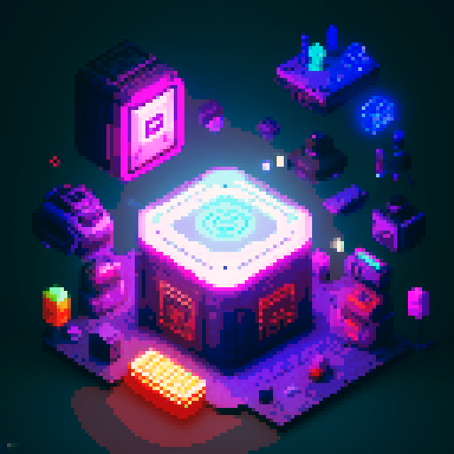 lootbox, futuristic crate, glowing buttons, silver box center, intricate details, pixel art, sRGB