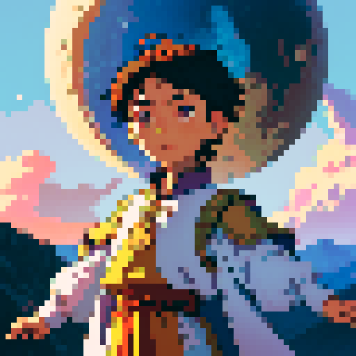 a male small child, around 8 years old, with open arms, and a headpiece that looks like the sun, and a detail in his clothes on the chest area that resembles the moon
