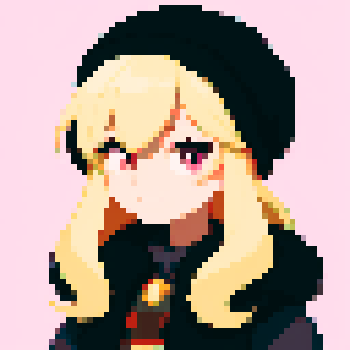 Solo male with perfect anatomy, straight-on, inframe, facing viewer, with round pupils, light blonde hair between eyes, wearing an ushanka hat with a black fur collar, a black vest, puffy sleeves, and black elbow gloves, his light pink eyes looking at the viewer, smile, in a pixel art style with sRGB colors, half closed eyes, best quality, stylised chibi,