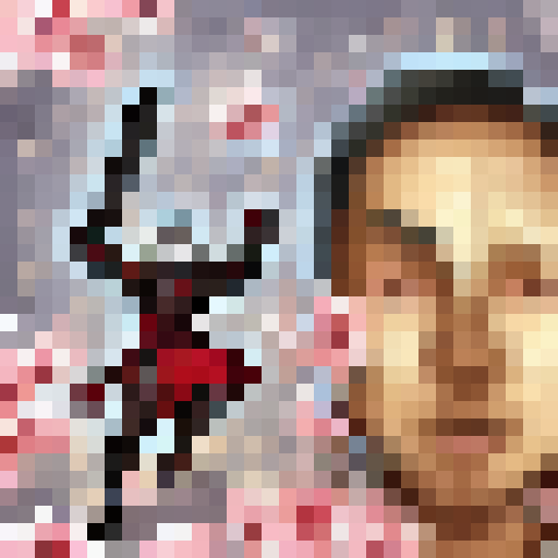 Samurai warrior with raised katana, surrounded by cherry blossom trees, fierce expression, draped in red cape, anime-style close-up, vibrant and dynamic game icon, 32x32 pixel art, sRGB, skill art, portrait.