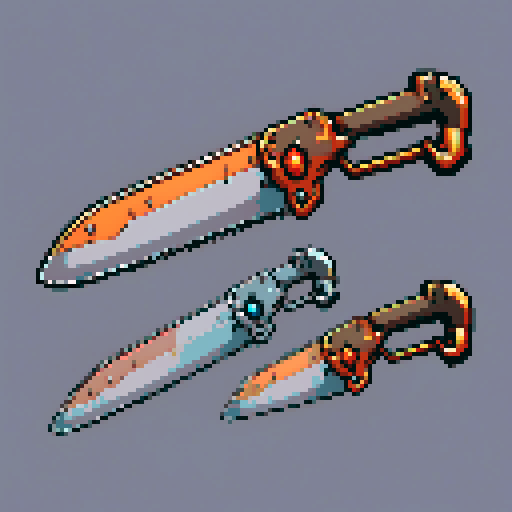I want just the cutting blade of an chainsaw constructed out of copper and gems. I want this object usable an asset in a videogame, meaning only one object per image, outlined with a strong black stroke, on a solid-color background.