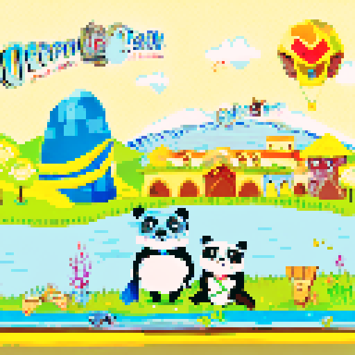 Lush green meadows, towering snow-capped mountains, serene blue lakes, vibrant wildflowers, cascading waterfalls, quaint wooden cabins, winding forest trails, golden sunset skies, wispy clouds, pixelated birds in a landscape portrait with a pixel art style