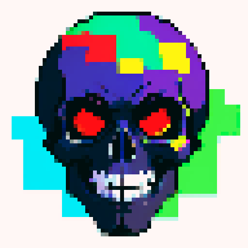 cartoon skull face, vibrant colors, bold lines, exaggerated features, pixelated details, sRGB color palette