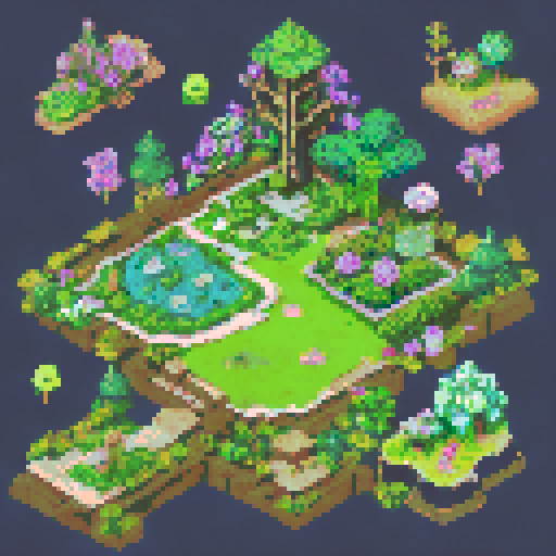 "Create an intricate pixel art map for a top-down 2D RPG, depicting the layout of Verdant Vale, the starting area of the game 'Chronicles of the Arcane Grid'. The map should feature a quaint fantasy village surrounded by lush green forests, with a clear, winding path leading through it. Include distinct areas such as a village square with market stalls, a mystic's cottage on the outskirts, and a central training ground. The map should show details like trees, houses, a fountain, and small fields