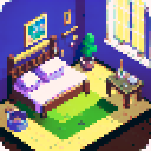 isometric view of a bedroom with a bed, a dresser, a desk with a laptop. a window, a table and chairs