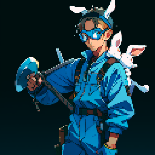 Please give me a rabbit character in blue coveralls with welding goggles on his head, carrying a giant wrench