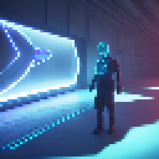 's Lair, Neon lights, Futuristic Technology, Holographic Screens, and a Mysterious Figure in the shadows.